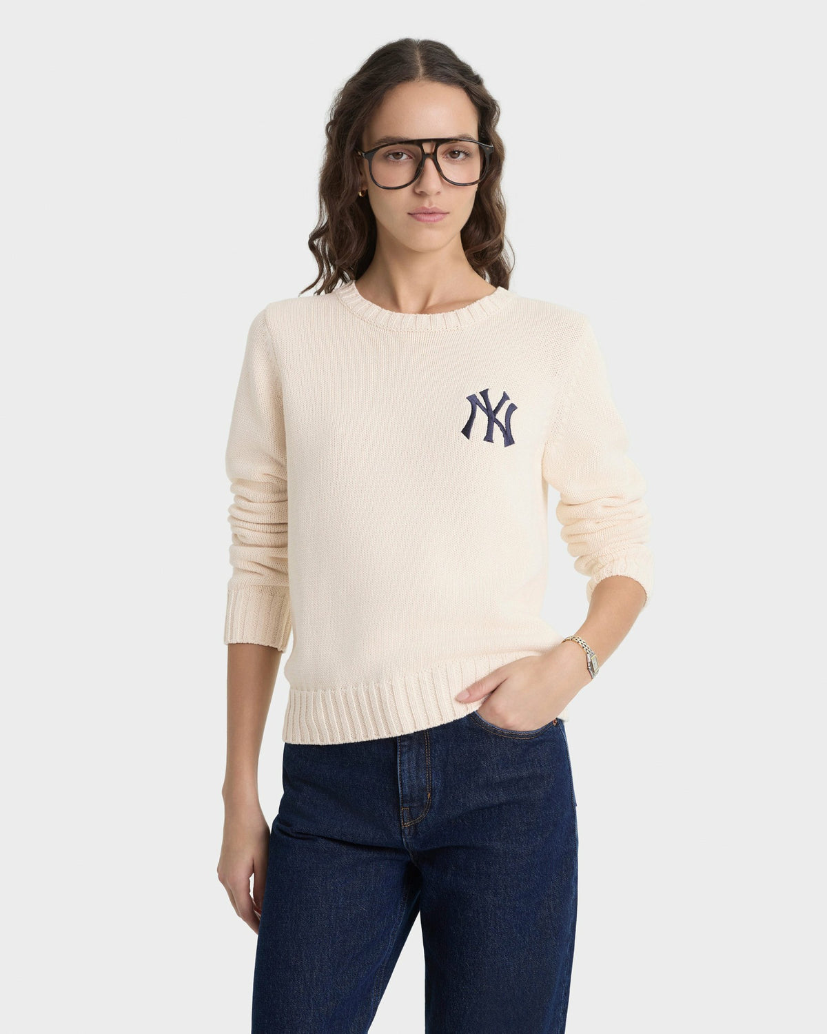 Sporty & Rich Heritage Yankees Serif Knitted Sweater - Ecru/Navy