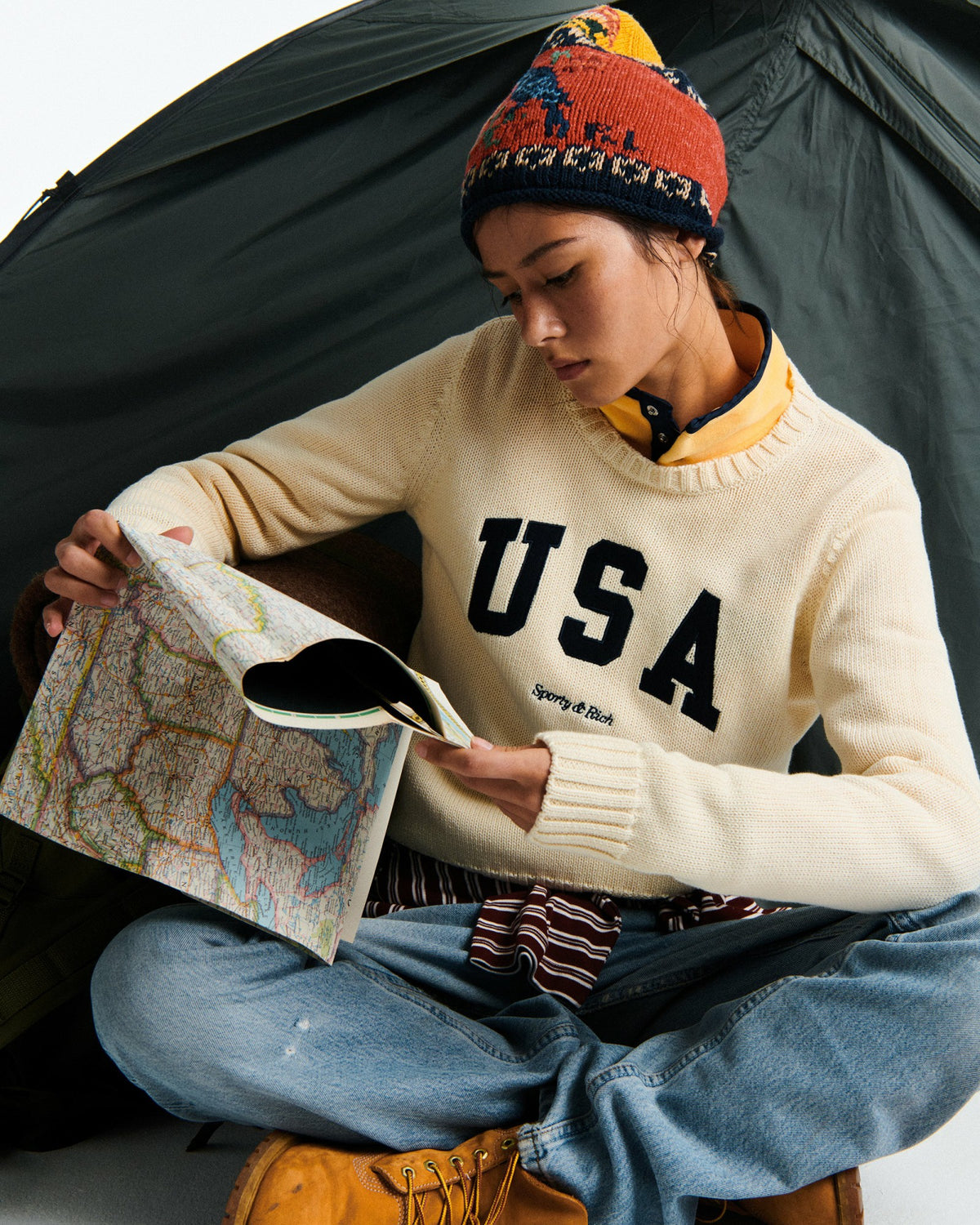 Sporty & Rich USA Knitted Sweater - Ecru/Navy