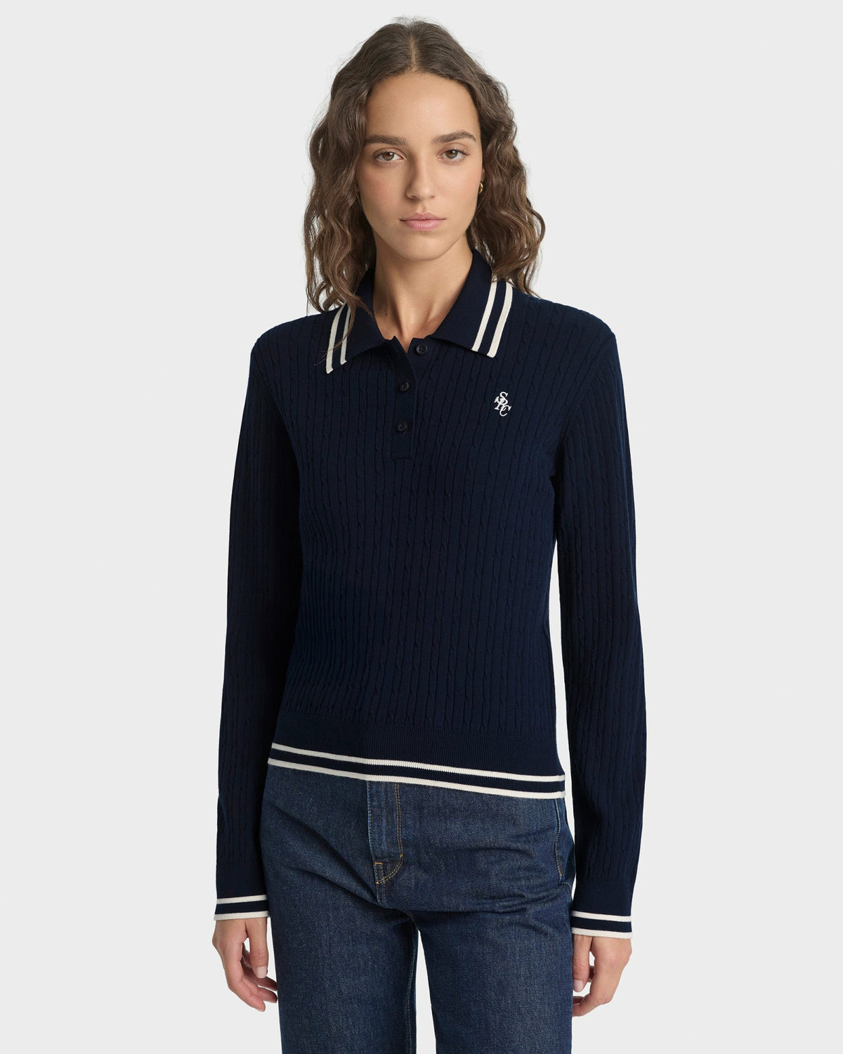 Sporty & Rich SRC Mini Cable LS Polo - Navy/Ecru