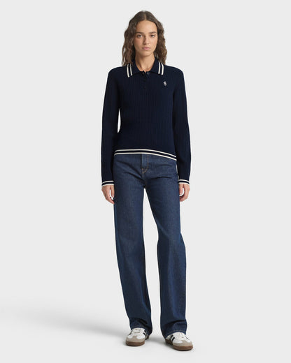 Sporty & Rich SRC Mini Cable LS Polo - Navy/Ecru