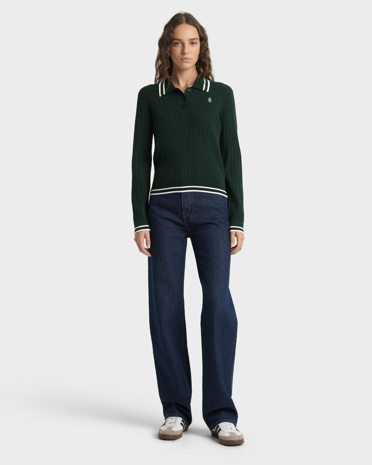 Sporty & Rich SRC Mini Cable LS Polo - Forest/Ecru