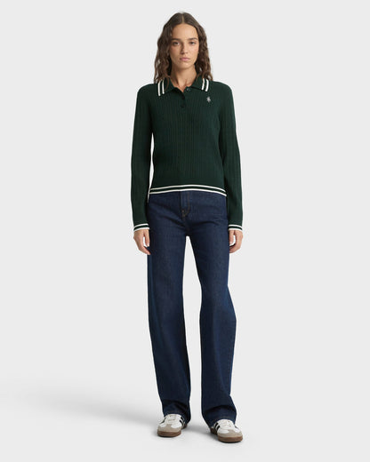 Sporty & Rich SRC Mini Cable LS Polo - Forest/Ecru