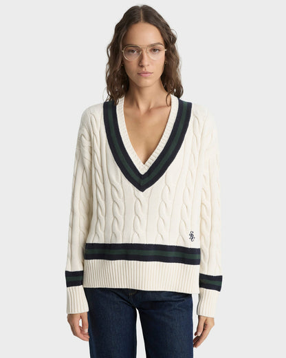 Sporty & Rich SRC Cableknit V-Neck Sweater - Ecru/Navy/Forest
