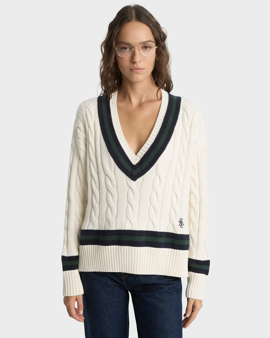 Sporty & Rich SRC Cableknit V-Neck Sweater - Ecru/Navy/Forest