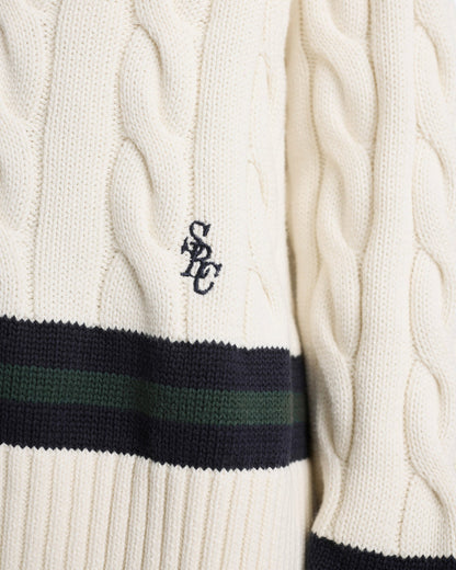 Sporty & Rich SRC Cableknit V-Neck Sweater - Ecru/Navy/Forest