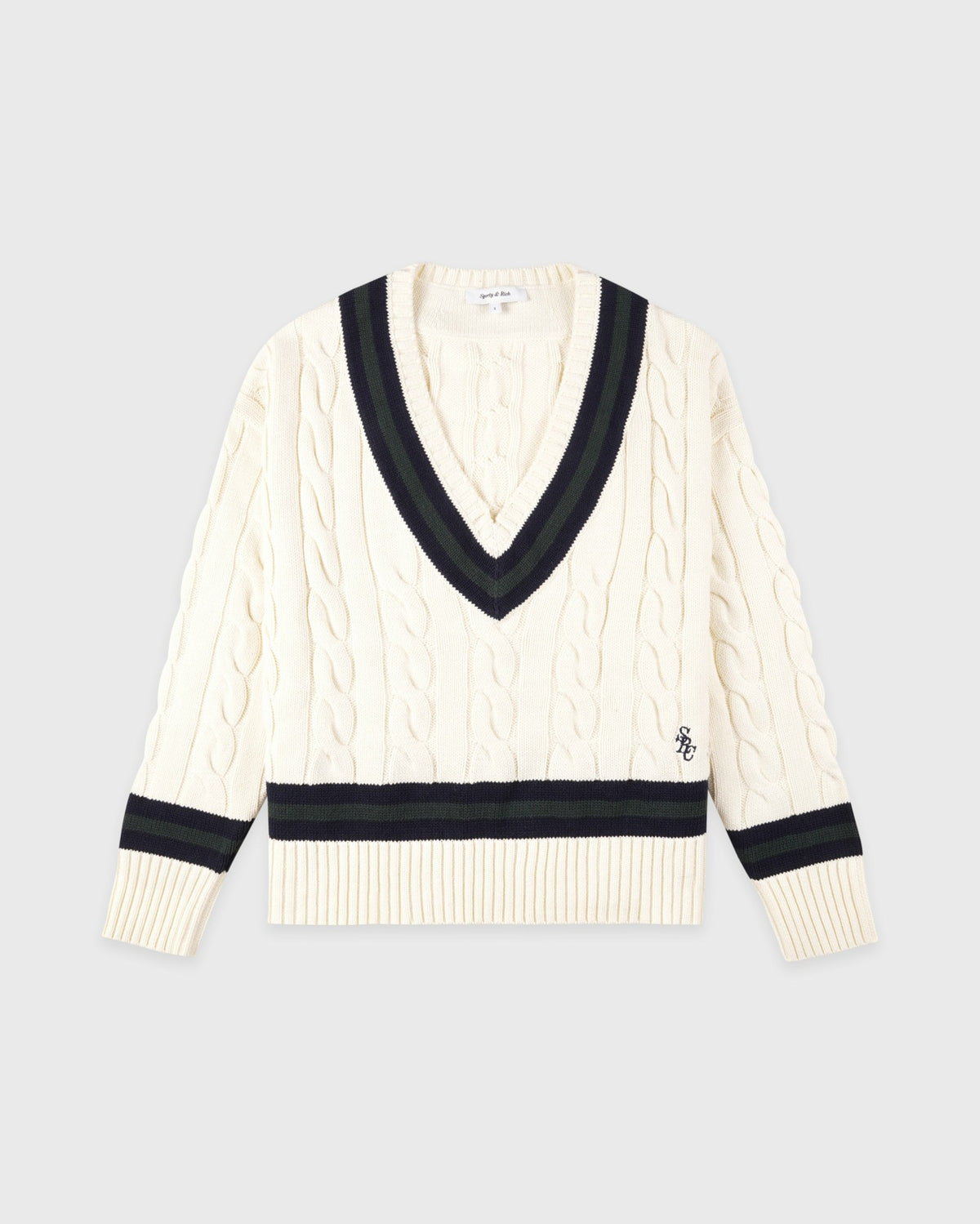 Sporty & Rich SRC Cableknit V-Neck Sweater - Ecru/Navy/Forest