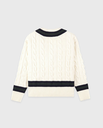Sporty & Rich SRC Cableknit V-Neck Sweater - Ecru/Navy/Forest