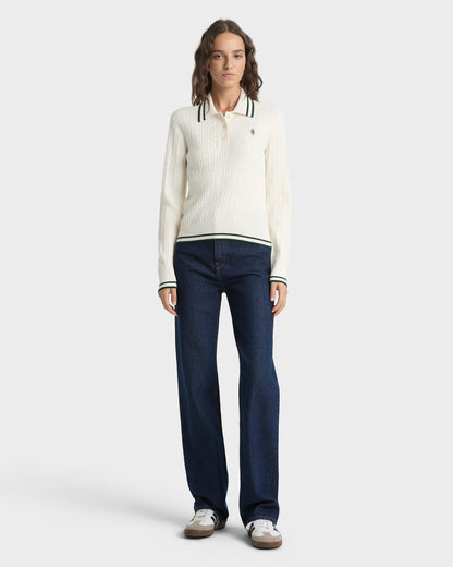 Sporty & Rich SRC Mini Cable LS Polo - Ecru/Forest