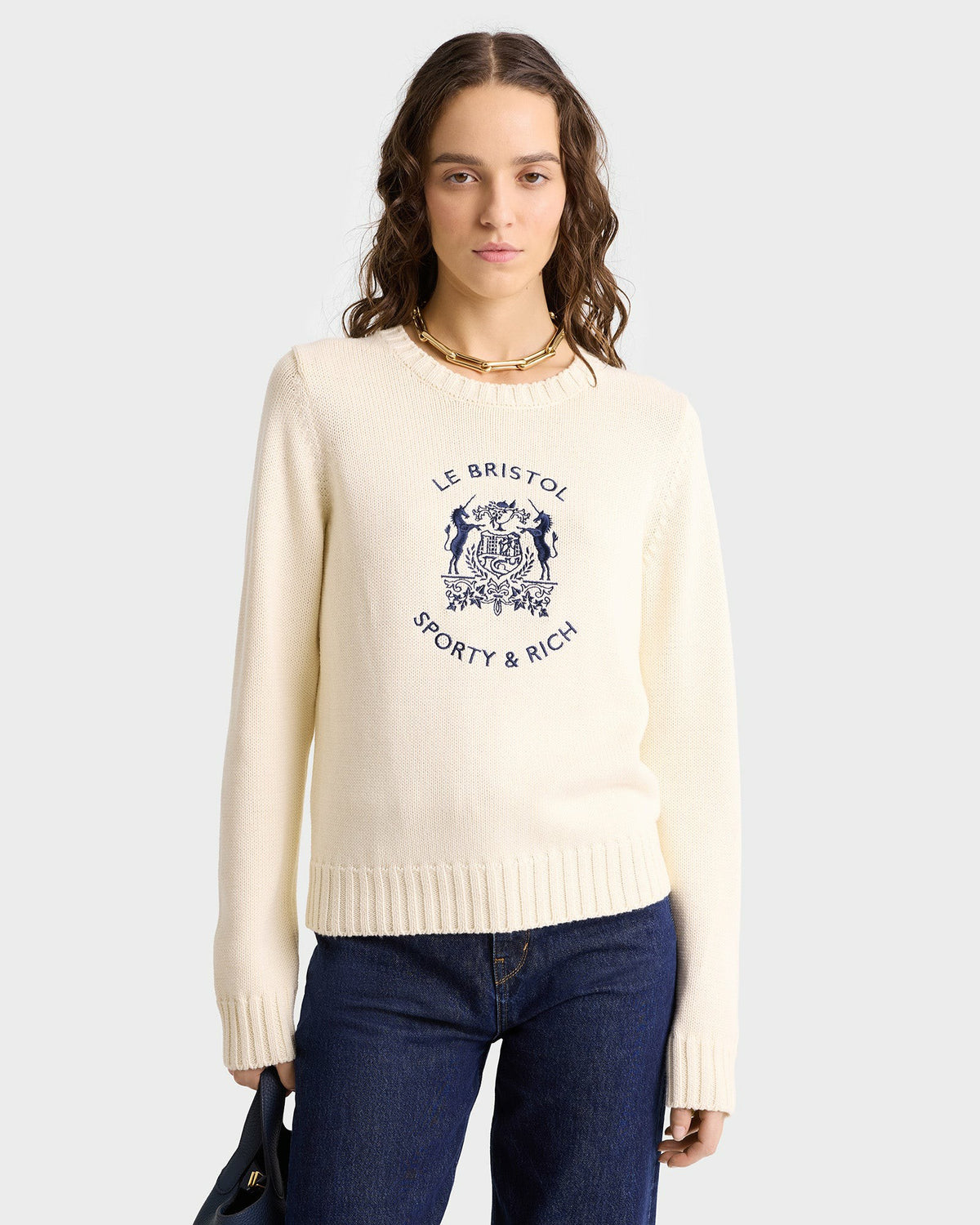 Sporty & Rich Bristol Crest Cotton Knit Sweater - Cream