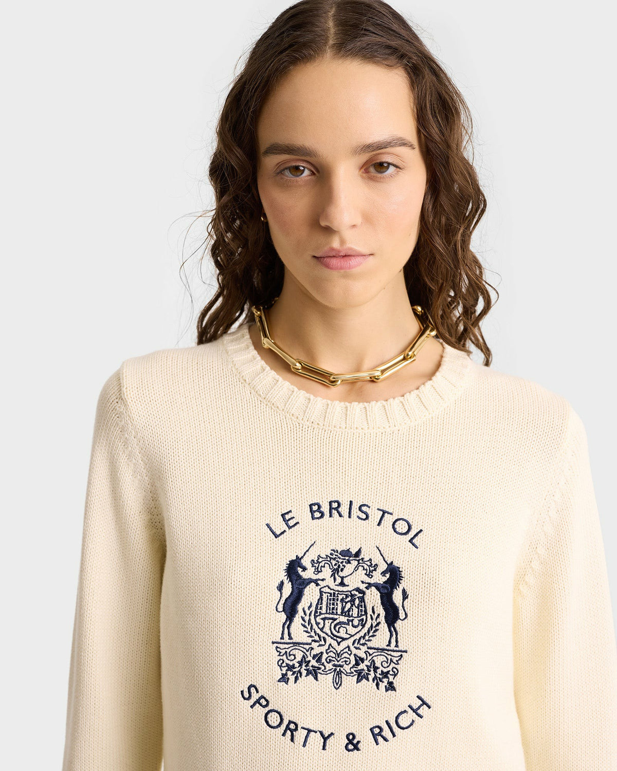 Sporty & Rich Bristol Crest Cotton Knit Sweater - Cream