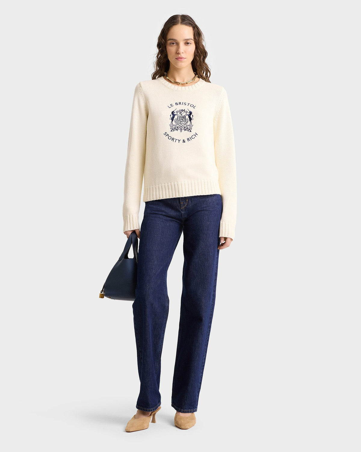 Sporty & Rich Bristol Crest Cotton Knit Sweater - Cream
