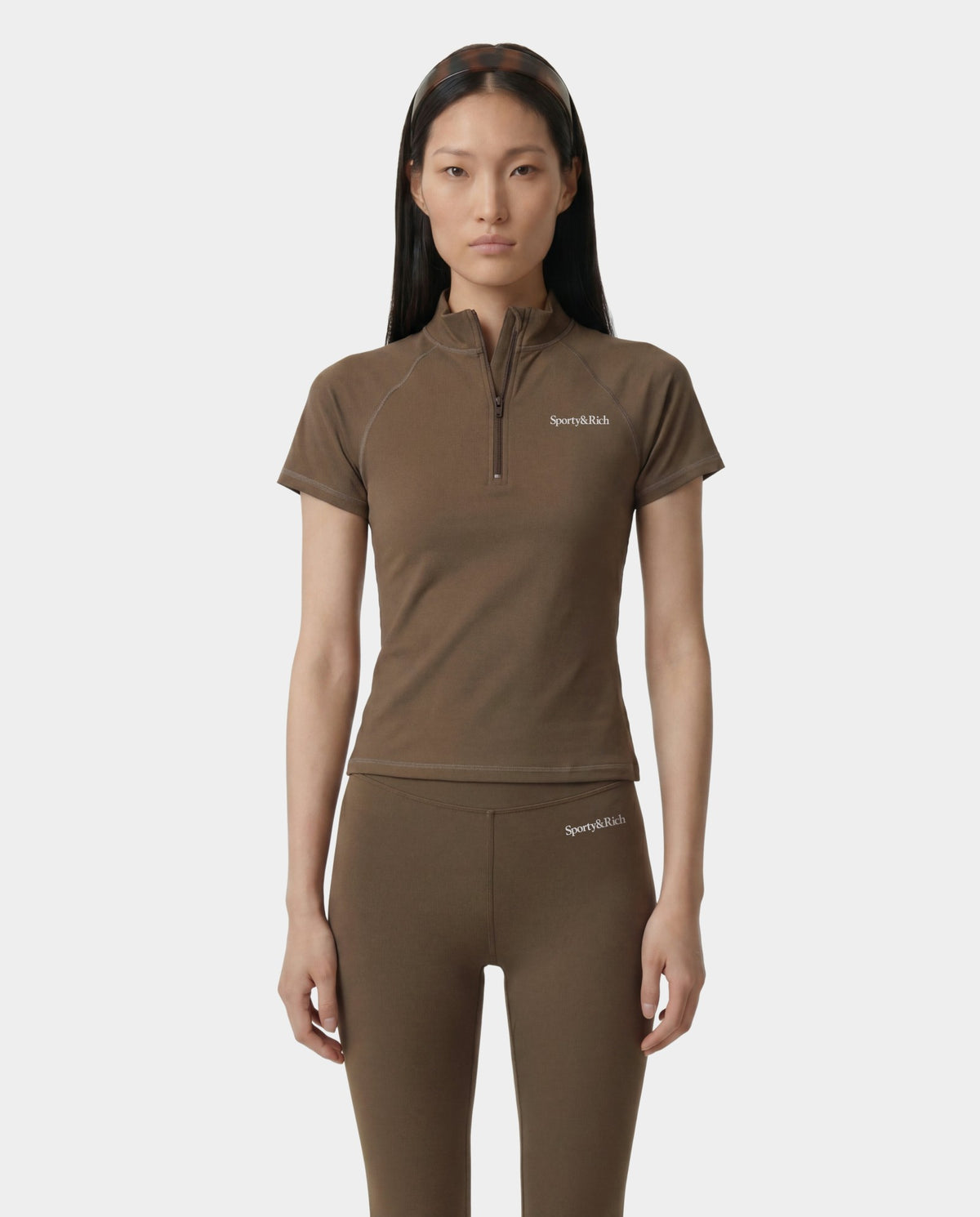 Sporty & Rich Serif Logo SS Sports Quarter Zip - Sand