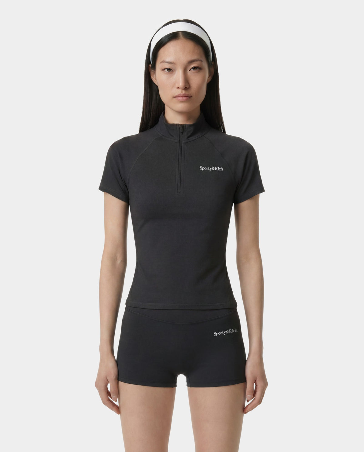 Sporty & Rich Serif Logo SS Sports Quarter Zip - Carbon