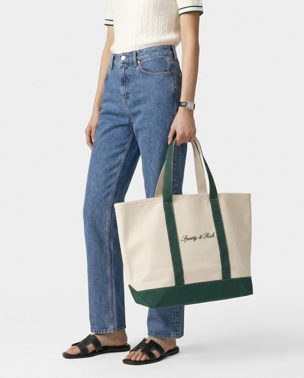 Sporty & Rich Signature Logo Large Tote - Natural/Forest Green