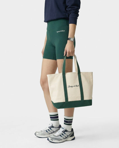 Sporty & Rich Signature Logo Medium Tote - Natural/Forest Green