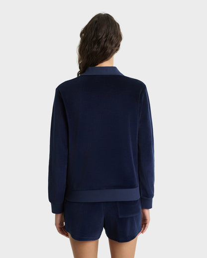 Sporty & Rich Crown Tennis Velour Polo - Navy/Ecru