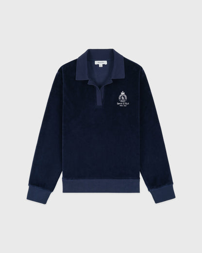 Sporty & Rich Crown Tennis Velour Polo - Navy/Ecru