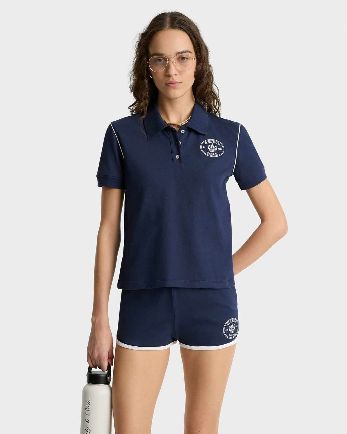 Sporty & Rich Eden Crest Embroidered Pique Polo - Navy/White
