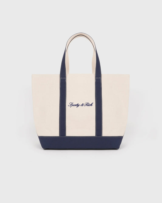 Sporty & Rich Signature Logo Medium Tote - Natural/Dark Navy