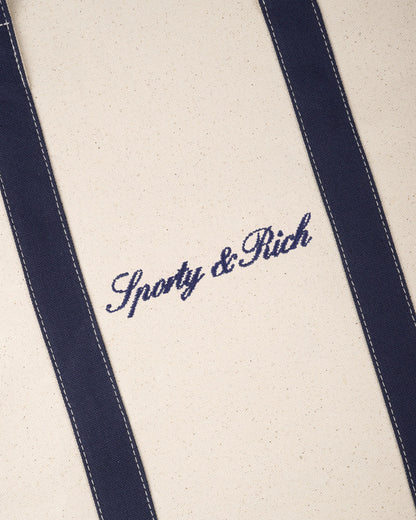 Sporty & Rich Signature Logo Medium Tote - Natural/Dark Navy