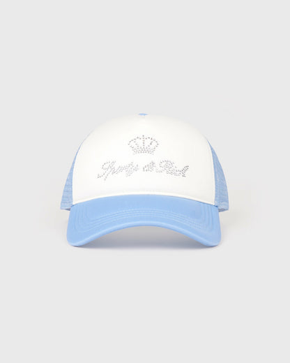 Sporty & Rich Juicy Crown Trucker Hat - White/Sky Blue