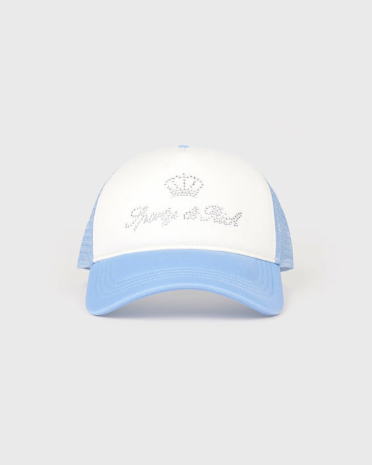 Sporty & Rich Juicy Crown Trucker Hat - White/Sky Blue
