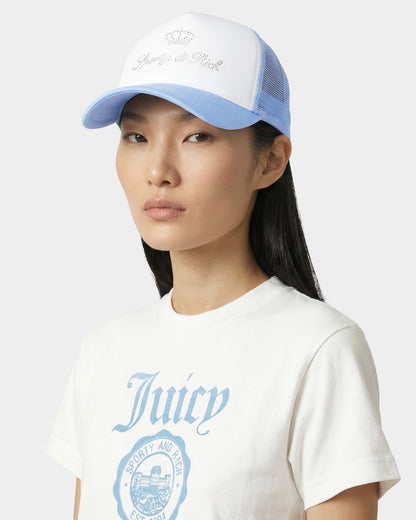 Sporty & Rich Juicy Crown Trucker Hat - White/Sky Blue