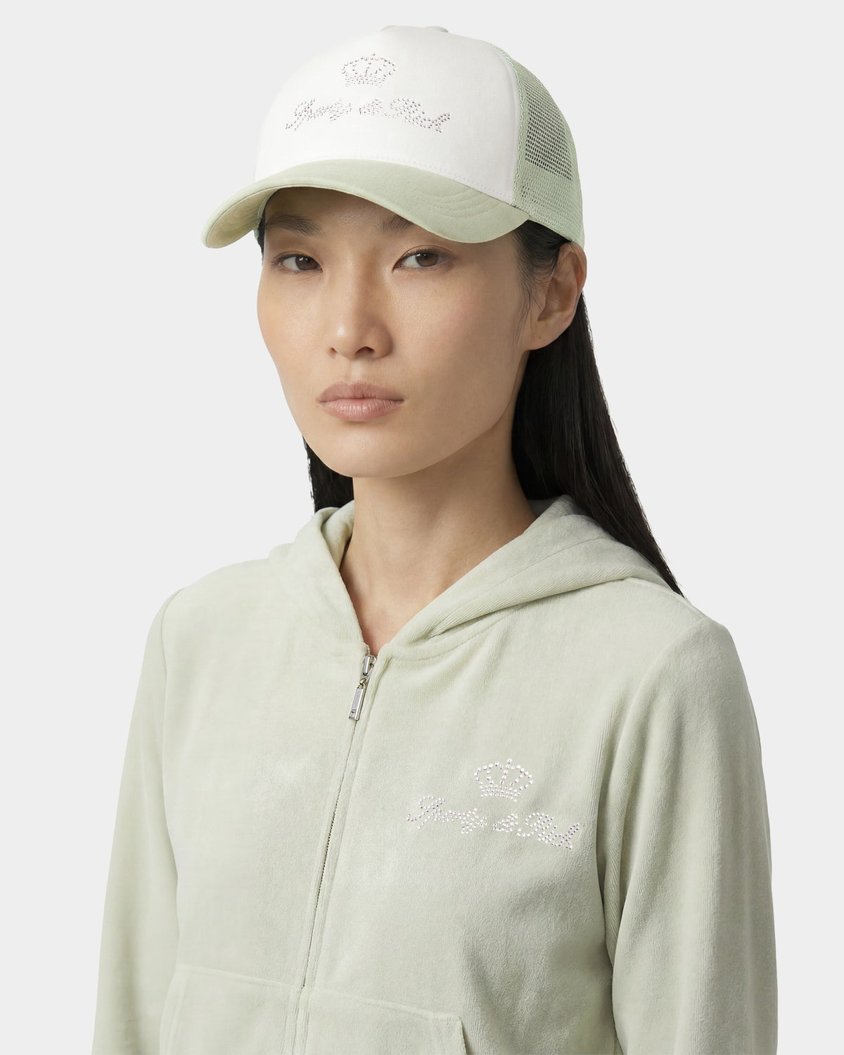 Sporty & Rich Juicy Crown Trucker Hat - White/Sage