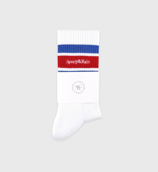 Sporty & Rich Serif Logo Socks - White/Team Blue/Ruby