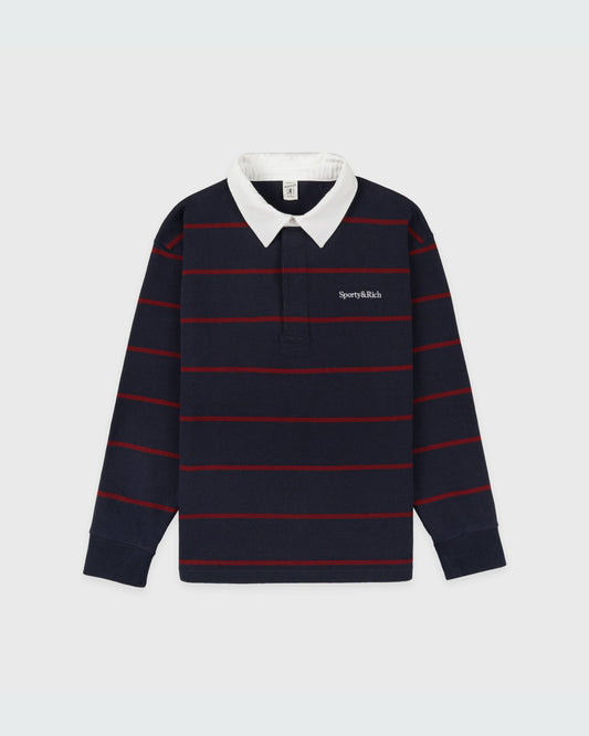 Sporty & Rich Serif Logo Rugby Polo Men - Dark Navy/White/Merlot