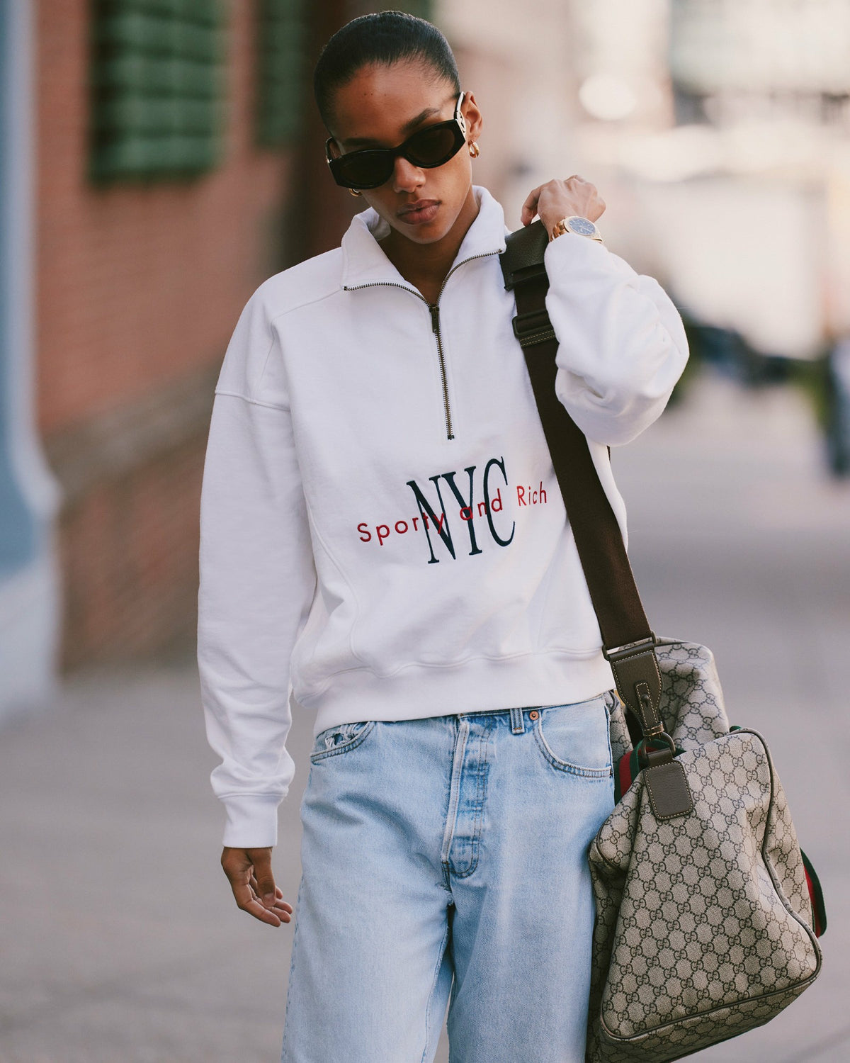Sporty & Rich NY Minute Quarter Zip - White/Navy