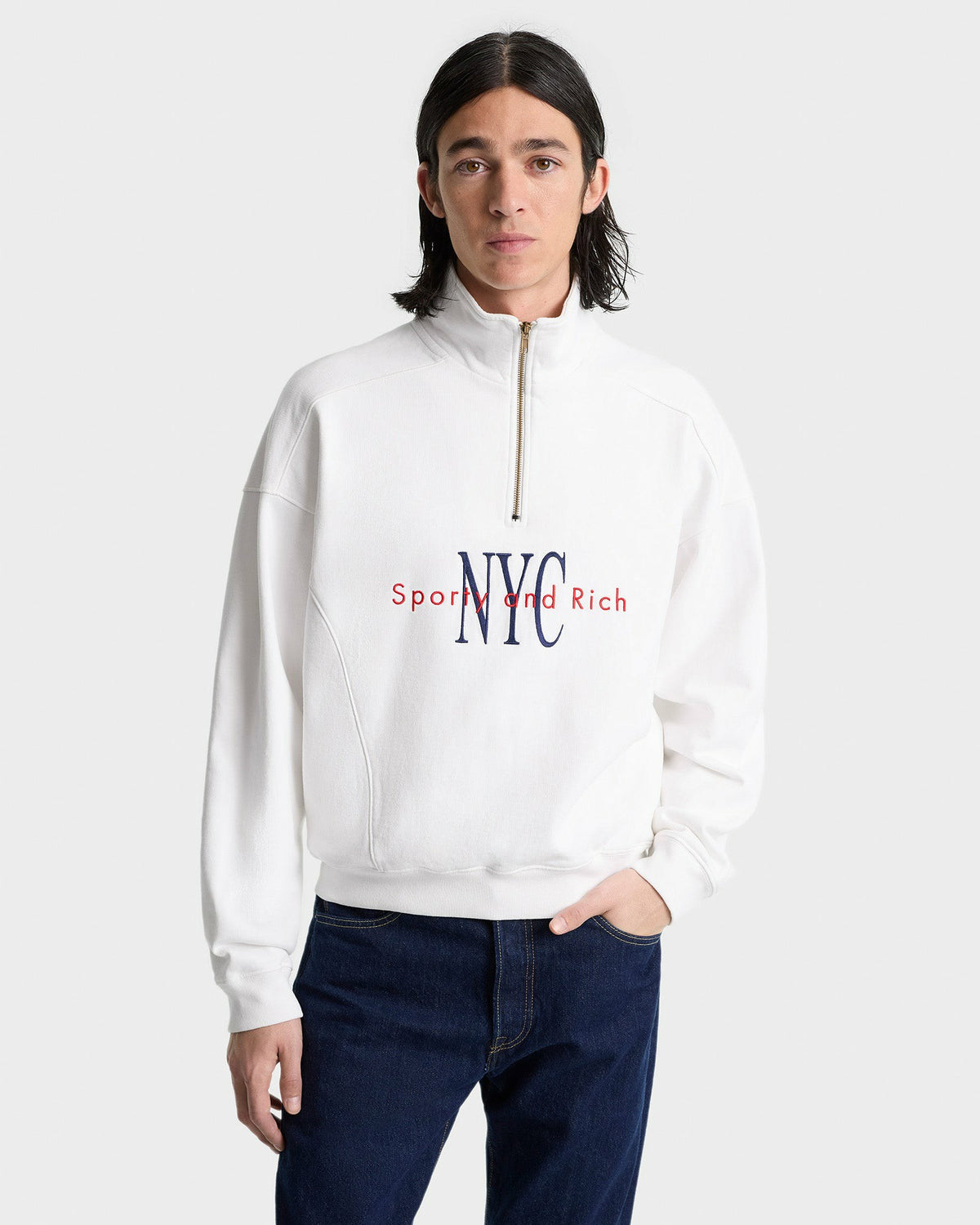 Sporty & Rich NY Minute Quarter Zip - White/Navy