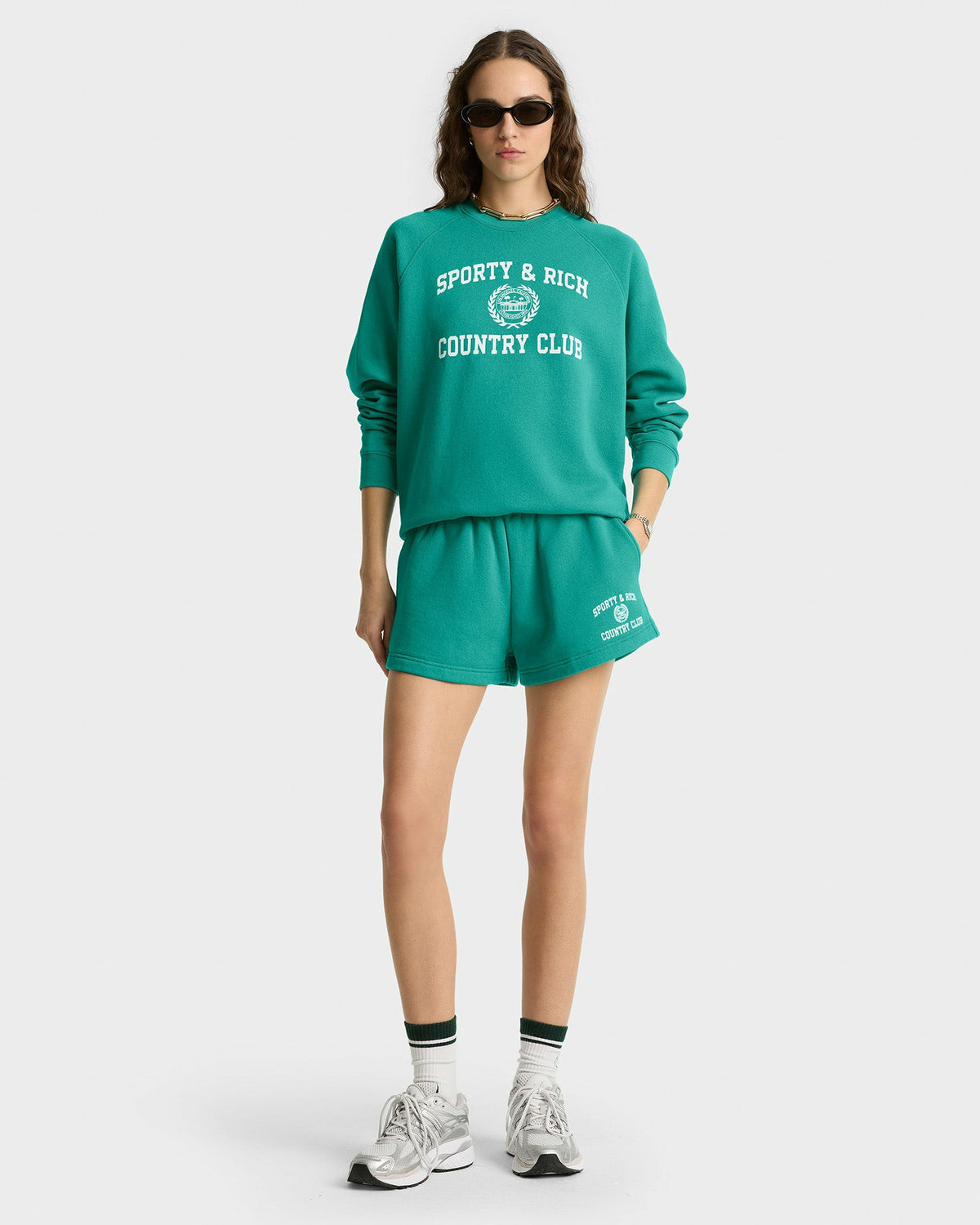 Sporty & Rich Varsity Crest Soft Crewneck - Spring Green/White