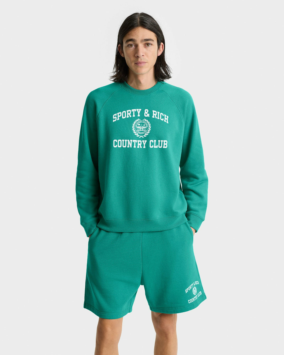 Sporty & Rich Varsity Crest Soft Crewneck - Spring Green/White