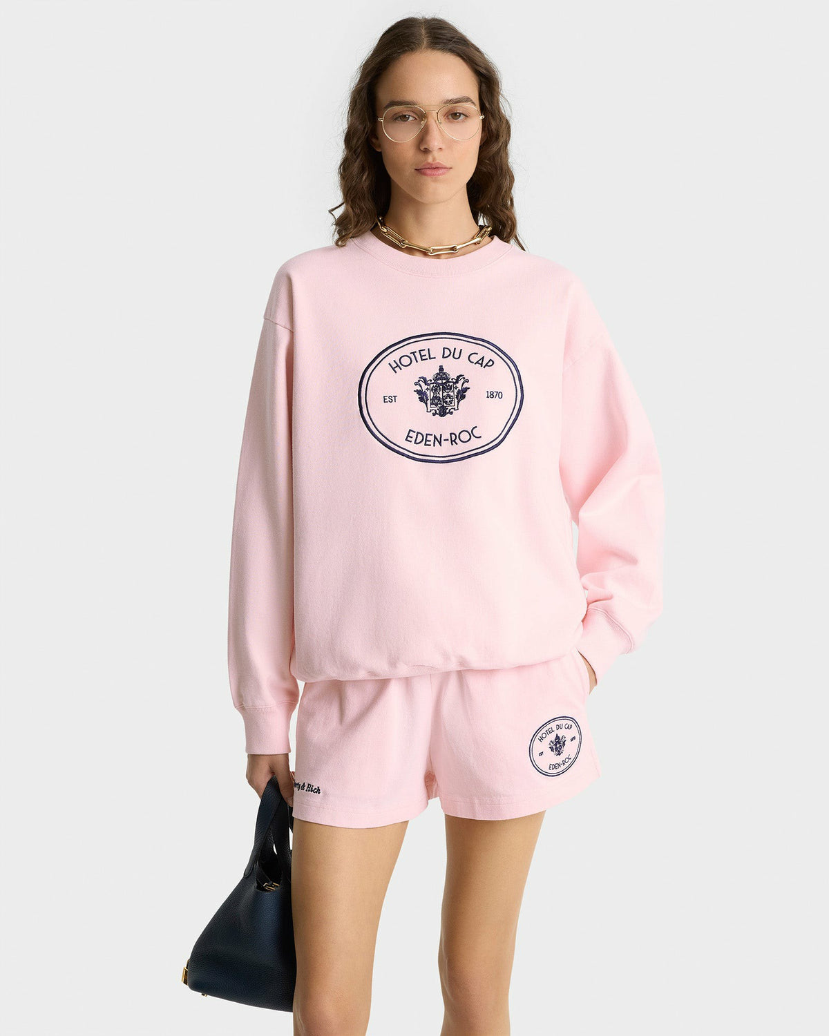 Sporty & Rich Eden Crest Crewneck - Pink Dolphin/Navy