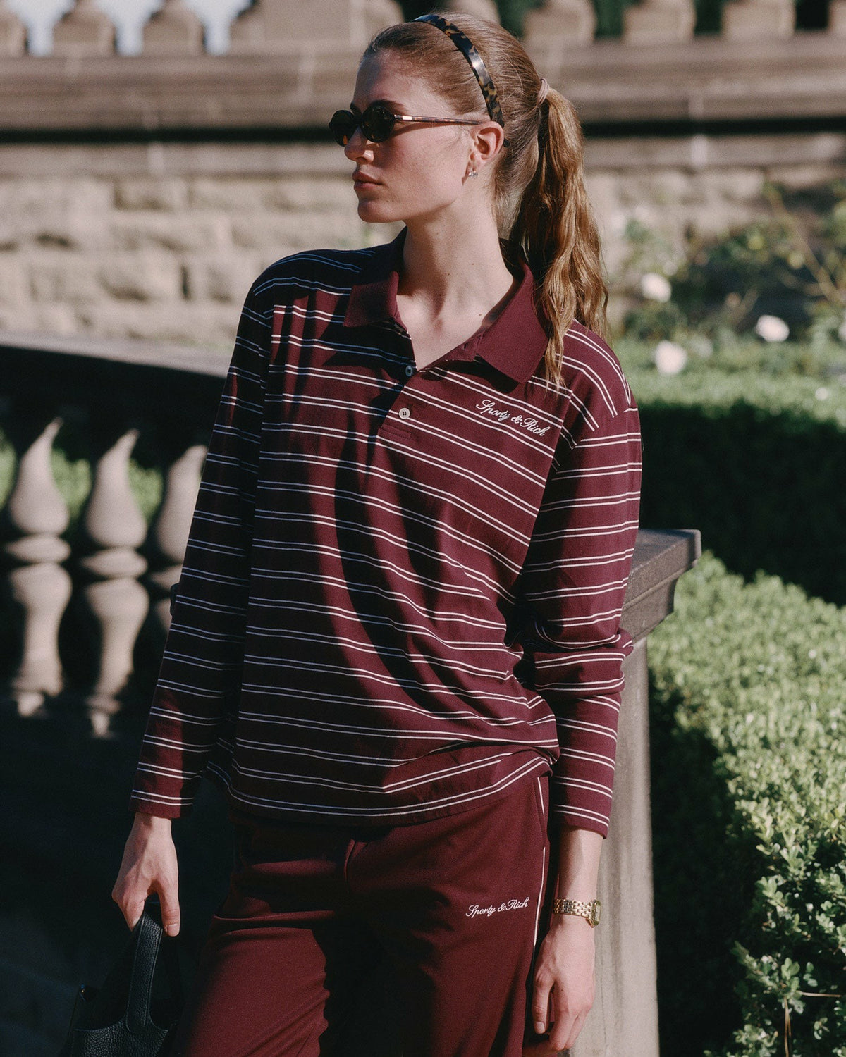Sporty & Rich Signature Logo Easy Polo - Bordeaux/White