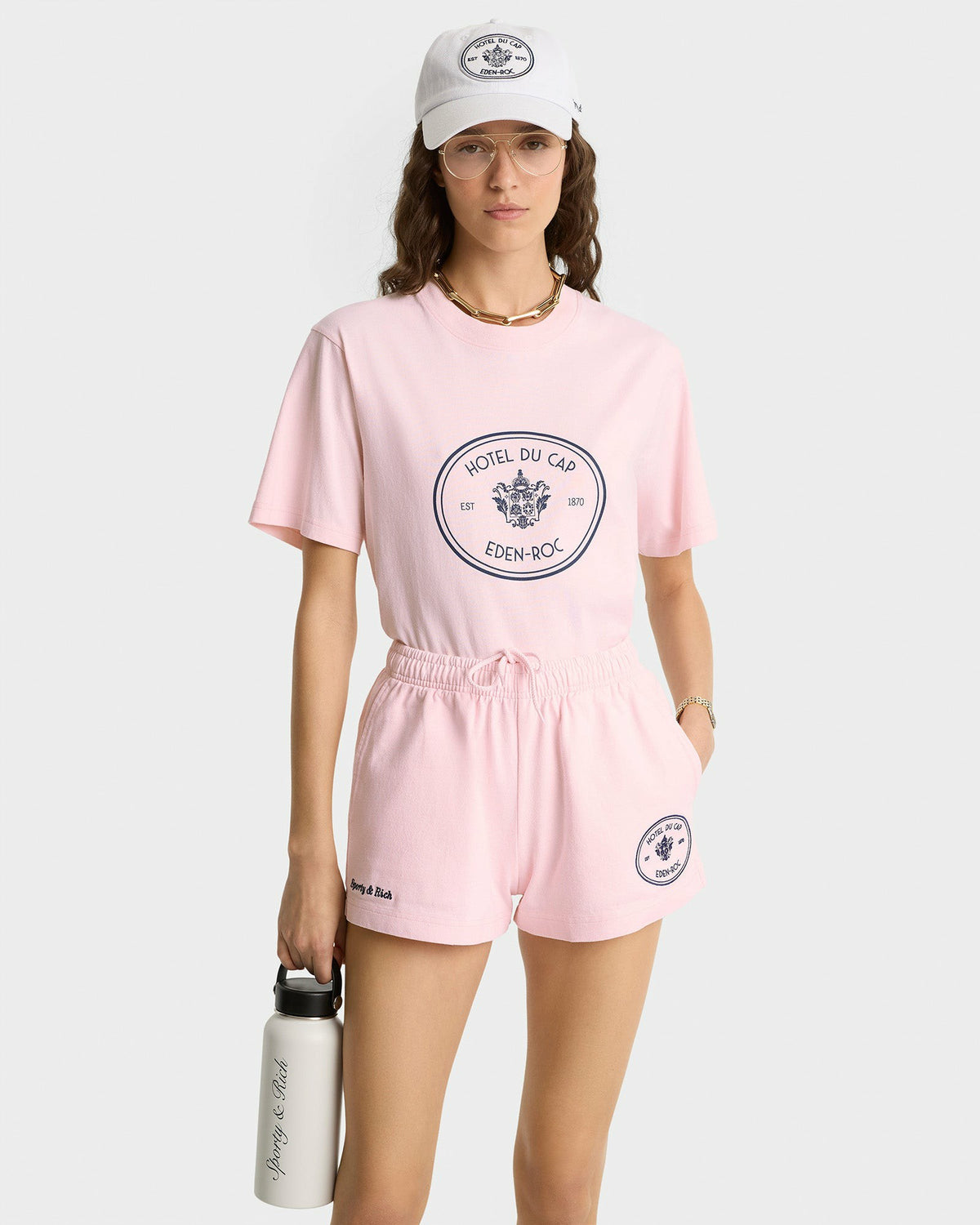 Sporty & Rich Eden Crest T-Shirt - Pink Dolphin/Navy