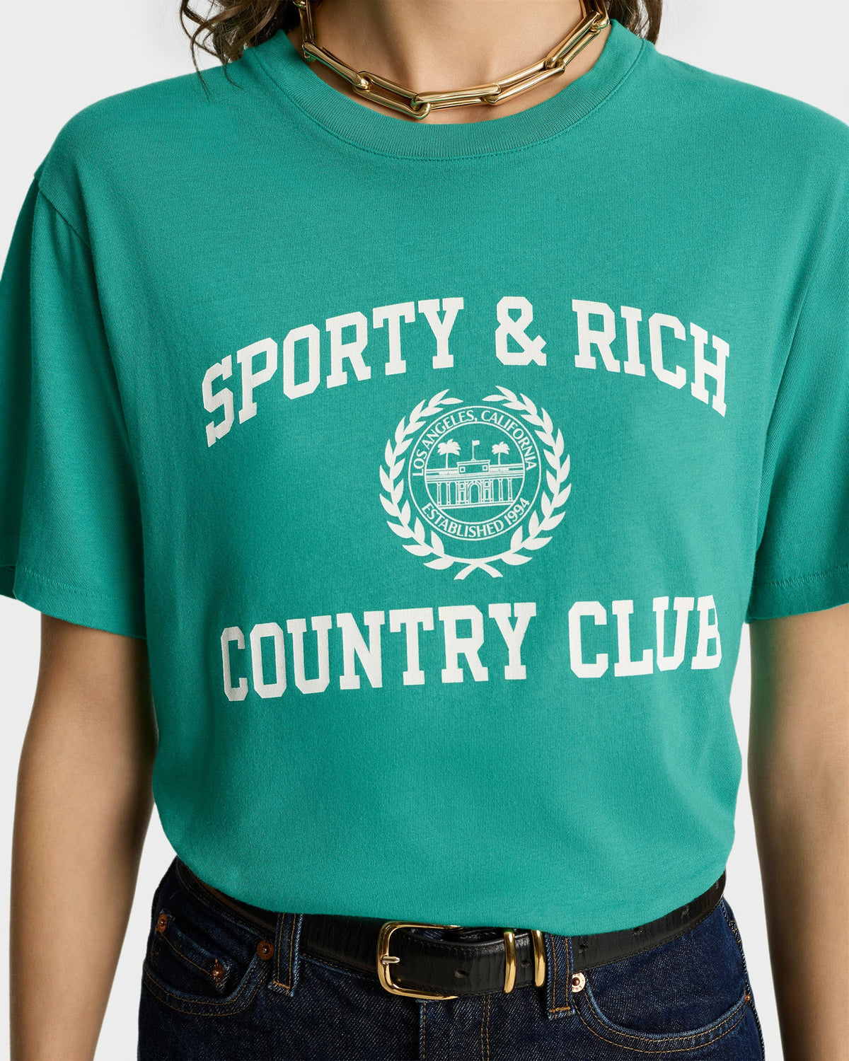 Sporty & Rich Varsity Crest Soft T-Shirt - Spring Green/White