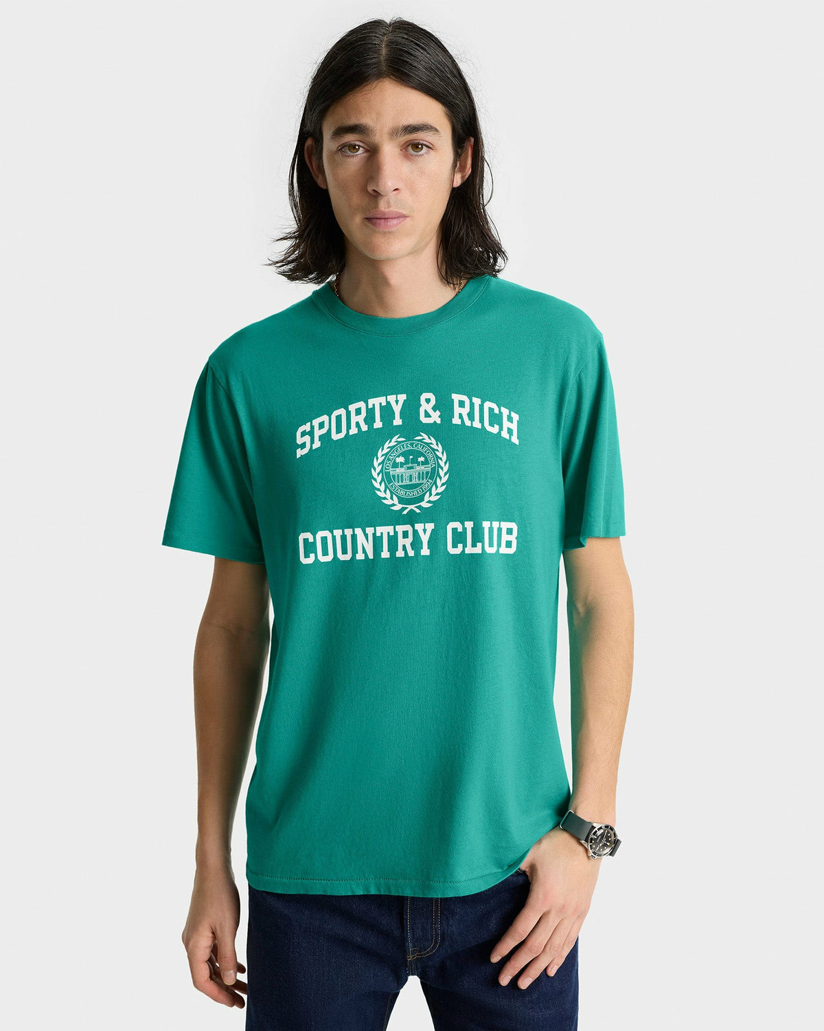 Sporty & Rich Varsity Crest Soft T-Shirt - Spring Green/White