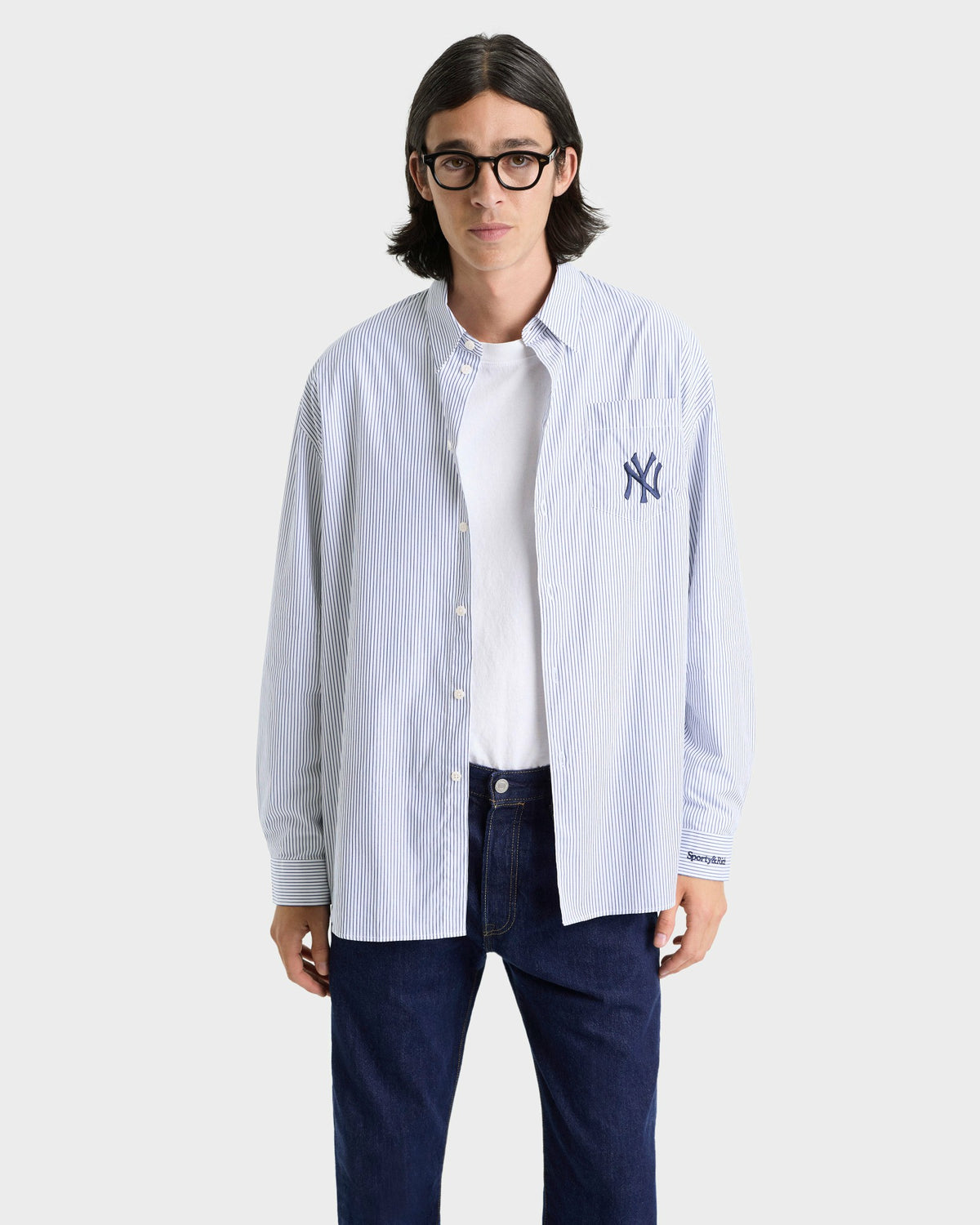 Sporty & Rich Yankees Serif Oversized Shirt - Navy Striped