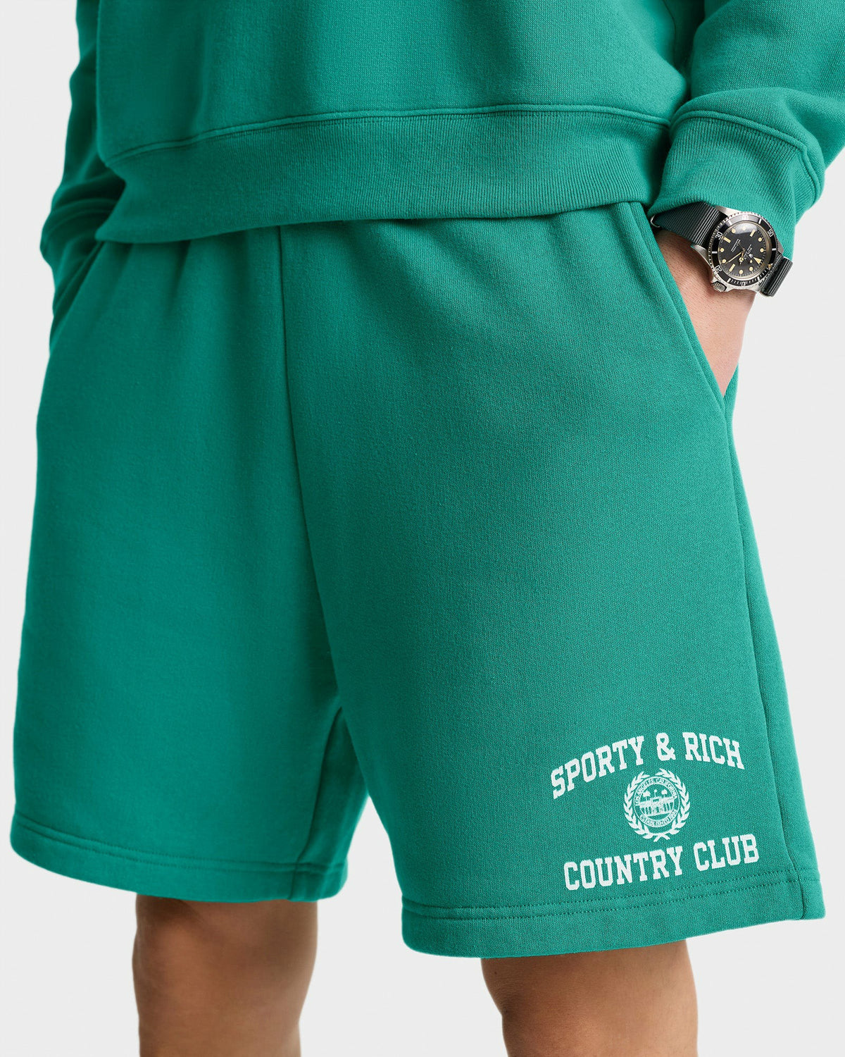 Sporty & Rich Varsity Crest Soft Gym Short - Spring Green/White