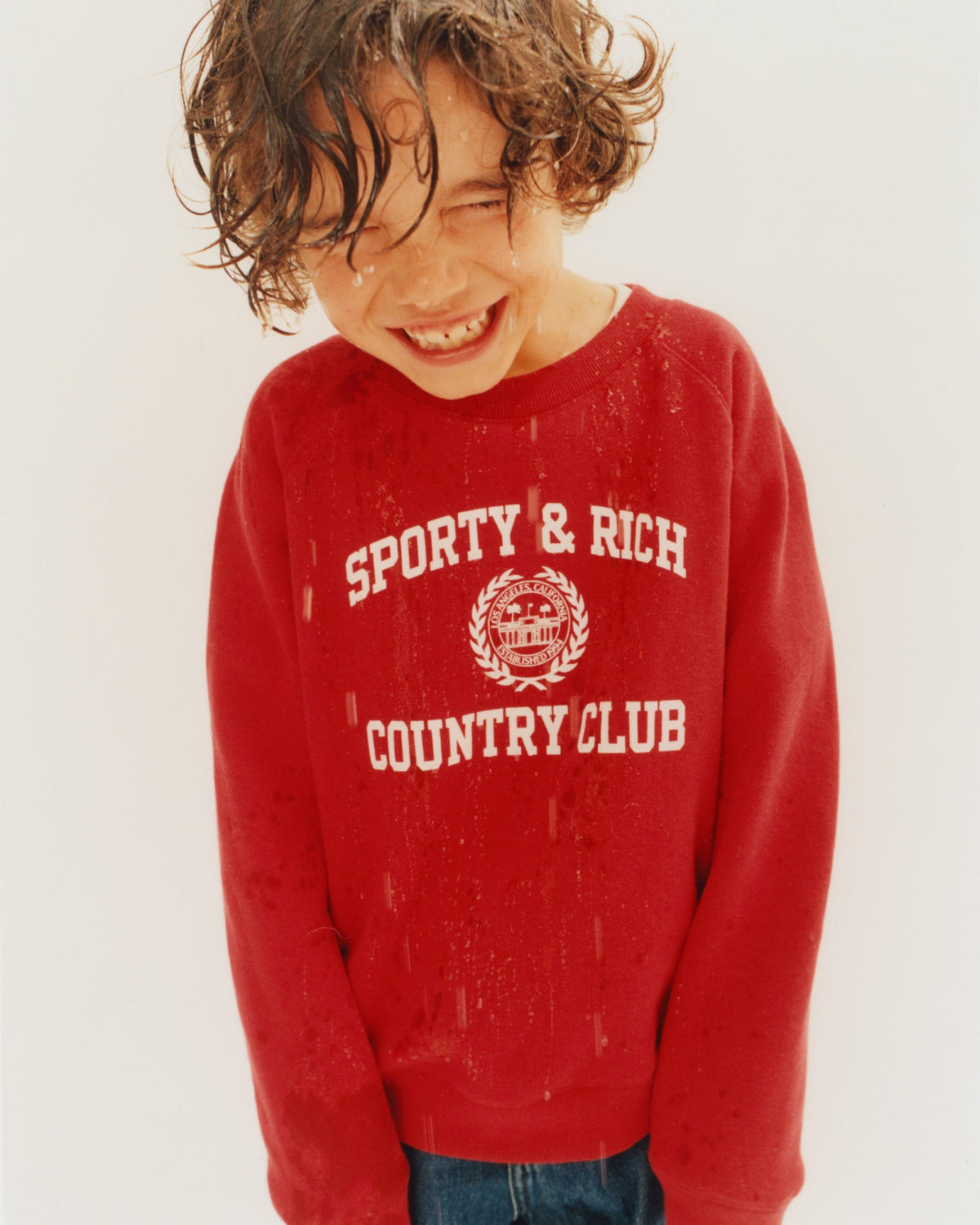 Sporty & Rich Varsity Crest Kids Crewneck - Ruby/White