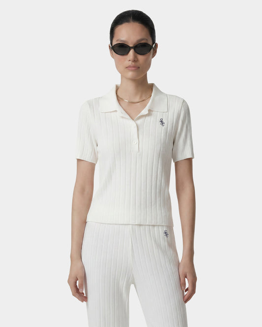 Sporty & Rich SRC Ribbed Polo - Ecru/Navy