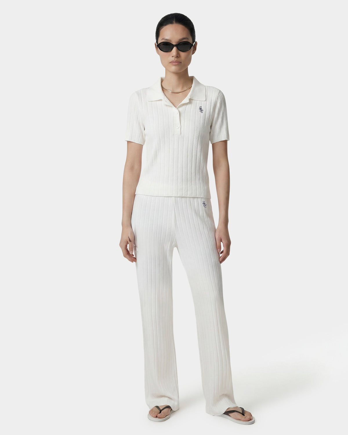 Sporty & Rich SRC Ribbed Polo - Ecru/Navy