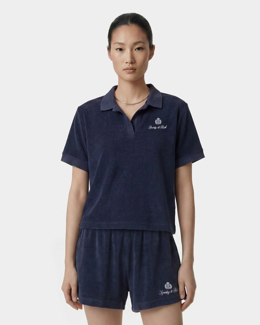 Sporty & Rich Signature Logo Terry Polo - Light Navy/White