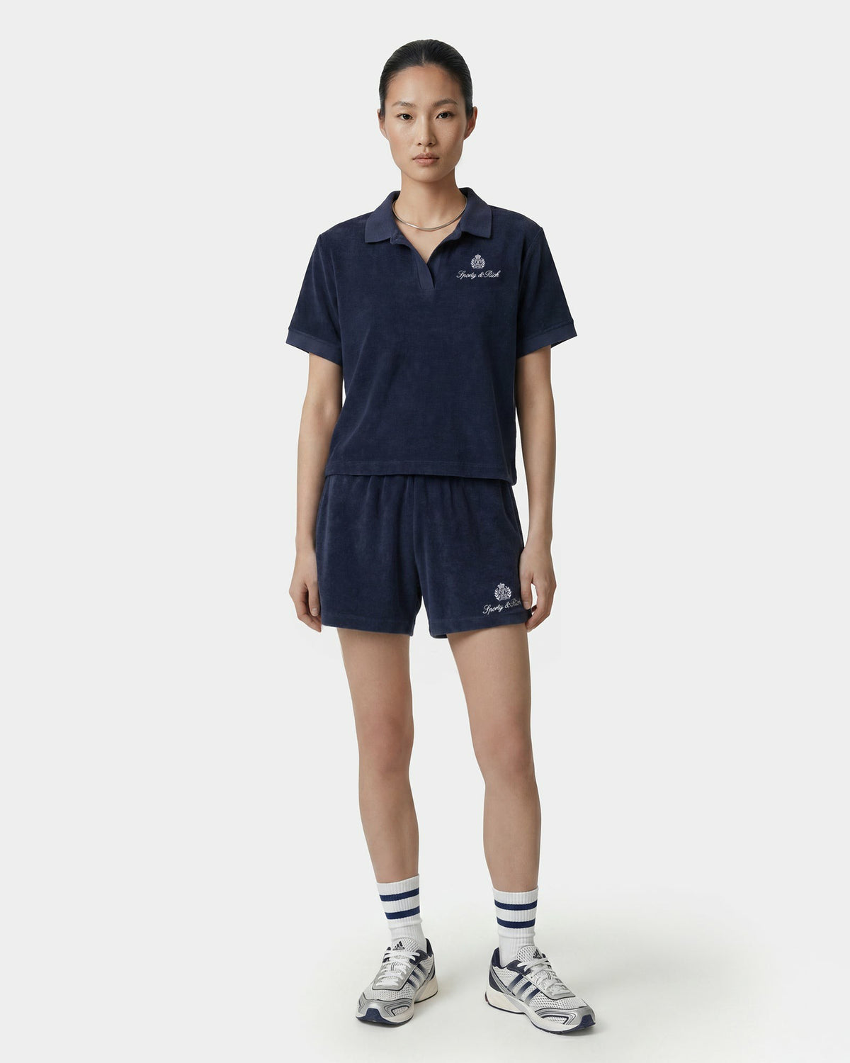 Sporty & Rich Signature Logo Terry Polo - Light Navy/White