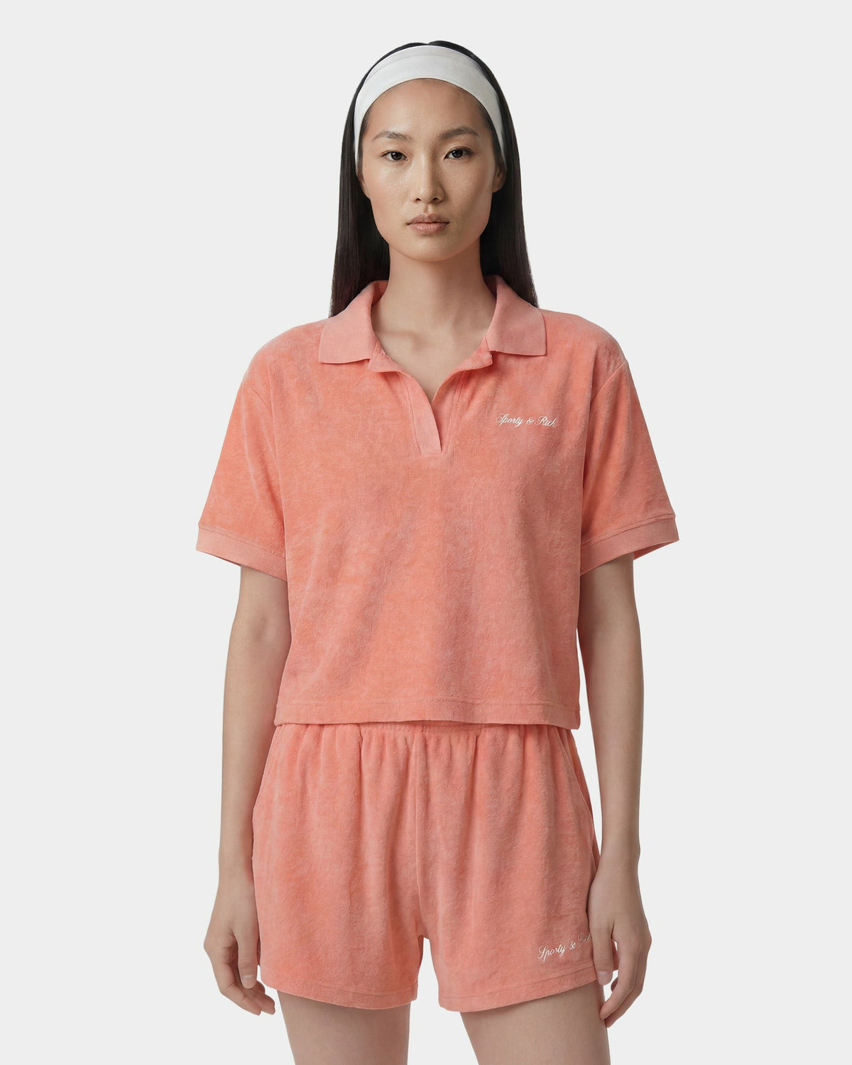 Sporty & Rich Signature Logo Terry Polo - Flamingo/White
