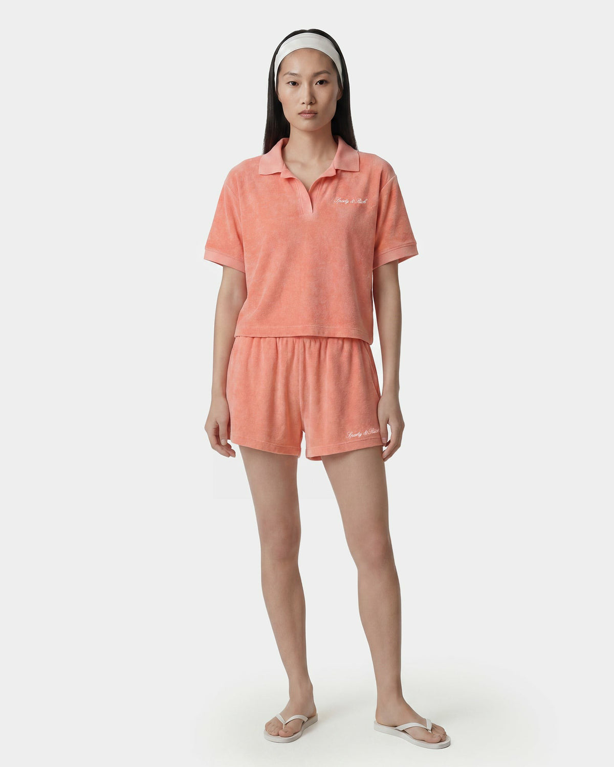 Sporty & Rich Signature Logo Terry Polo - Flamingo/White