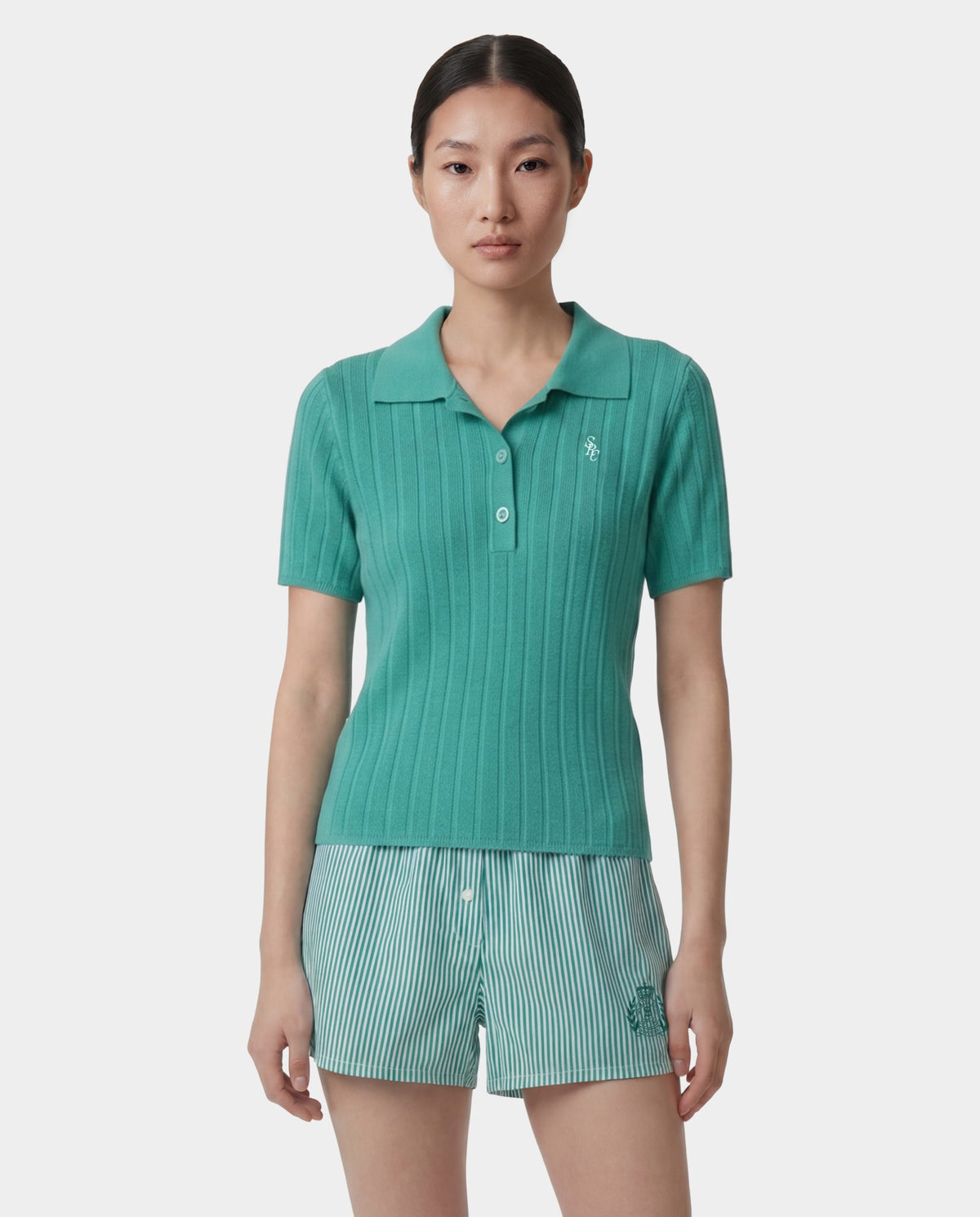 Sporty & Rich SRC Ribbed Polo - Amalfi Green/White
