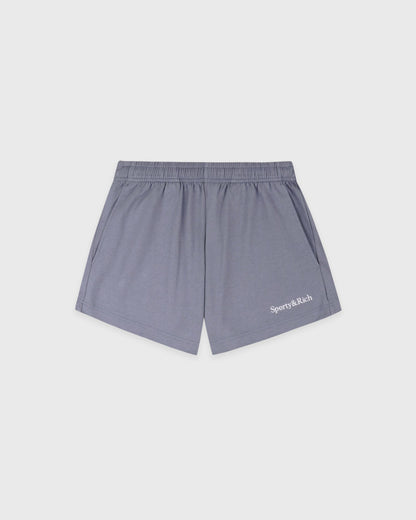 Sporty & Rich Serif Logo Embroidered Disco Short - Faded Indigo/White